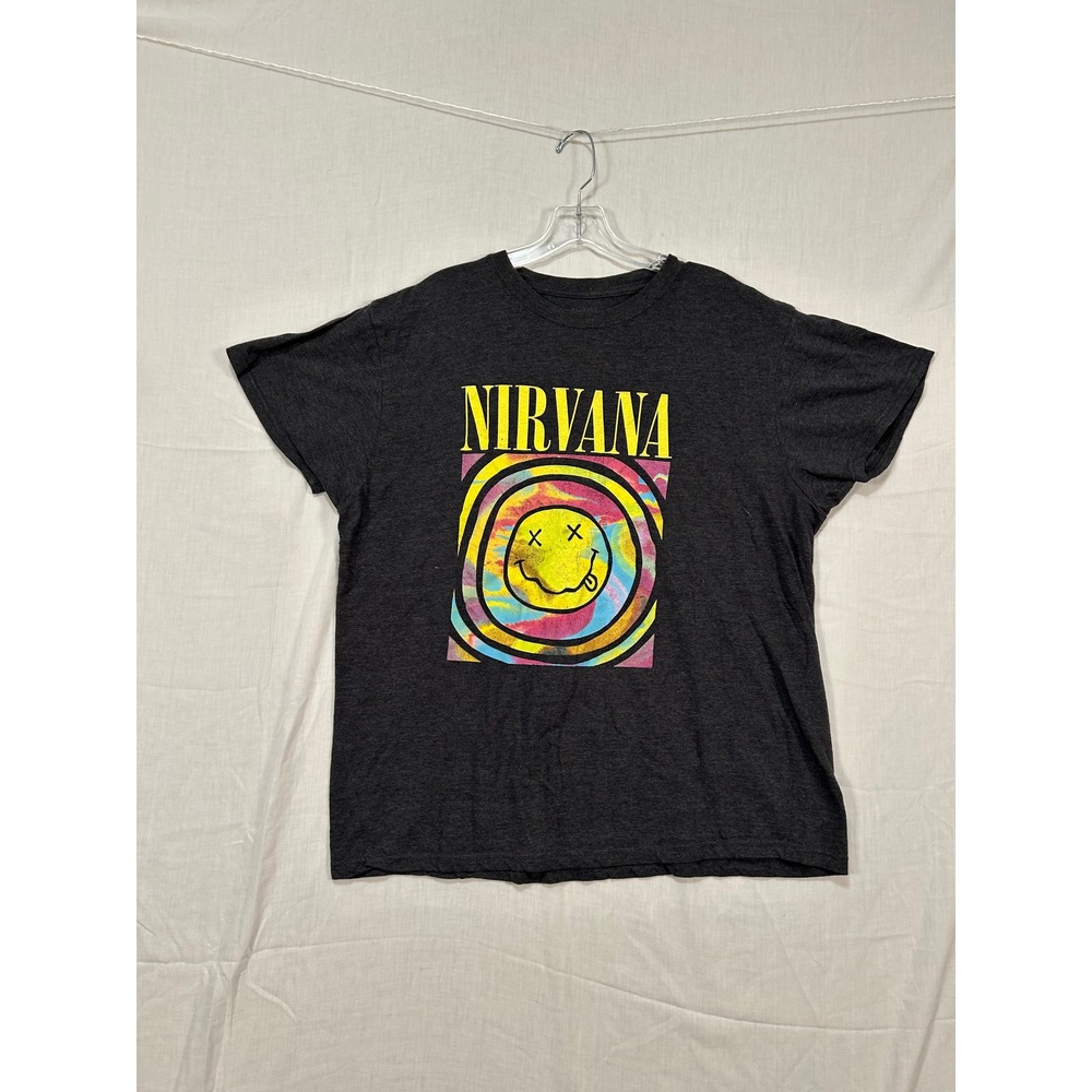 Nirvana Graphic T-Shirt Mens XL‎ Charcoal Grey Tie Dye Smiley Face Band Tee 2339